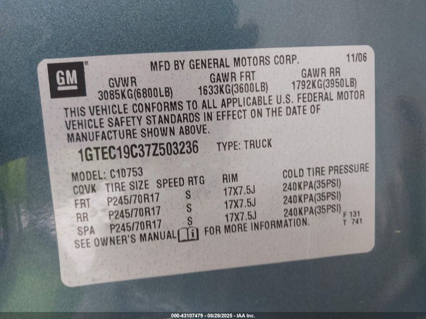 2007 GMC Sierra 1500 Sle1 VIN: 1GTEC19C37Z503236 Lot: 43107479