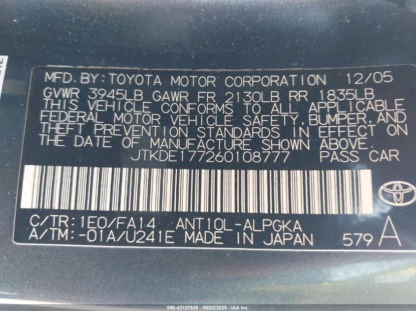 2006 Scion Tc VIN: JTKDE177260108777 Lot: 43107536