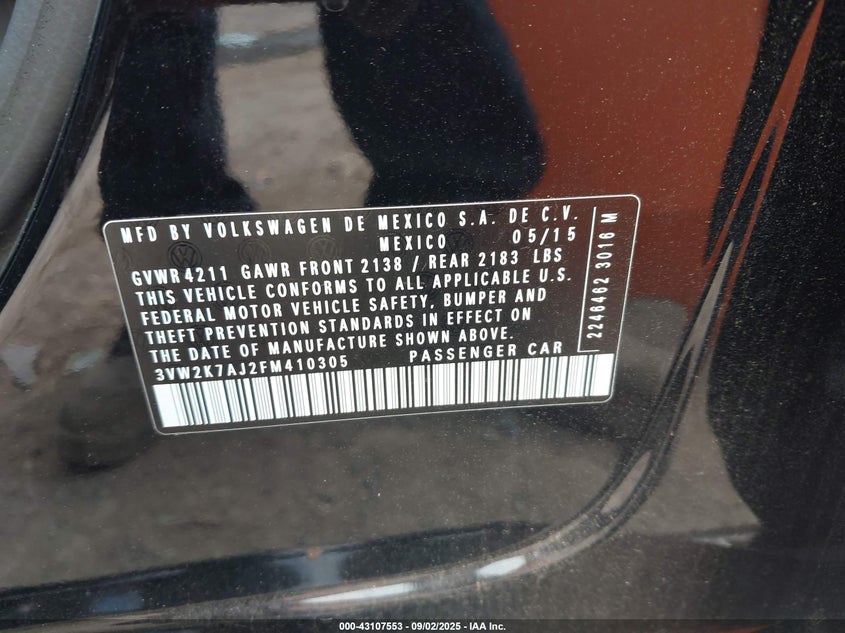 2015 VOLKSWAGEN JETTA 2.0L S - 3VW2K7AJ2FM410305