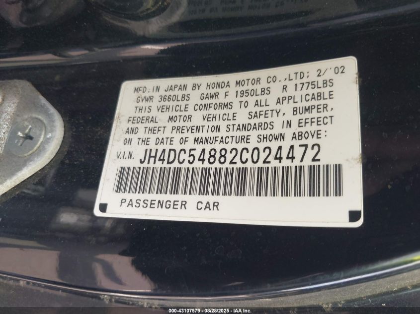 2002 Acura Rsx VIN: JH4DC54882C024472 Lot: 43107579