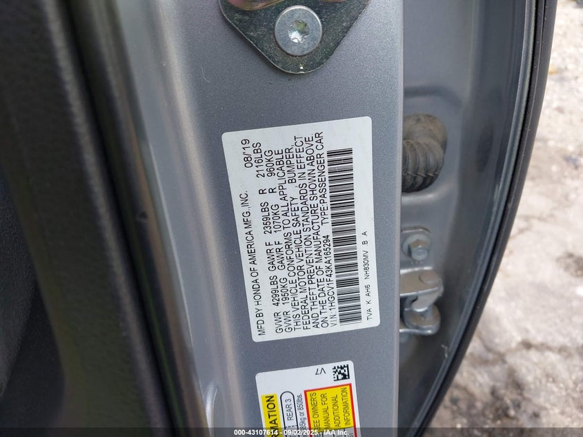 2019 Honda Accord Ex VIN: 1HGCV1F43KA165294 Lot: 43107614