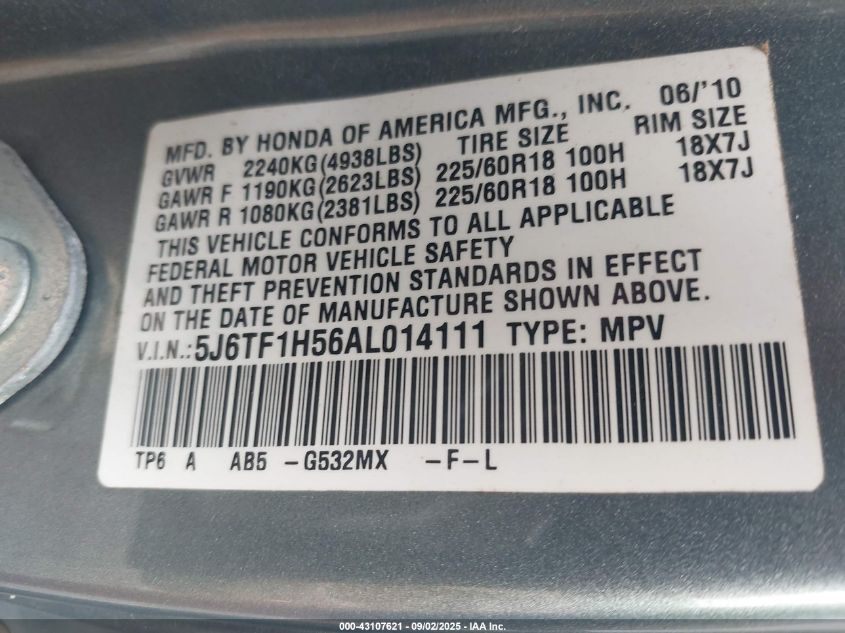 2010 Honda Accord Crosstour Ex-L VIN: 5J6TF1H56AL014111 Lot: 43107621