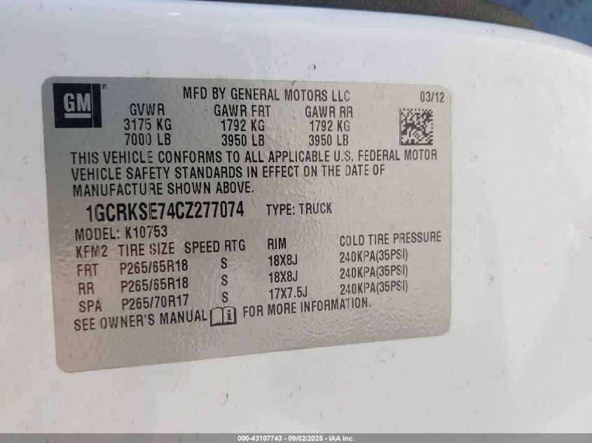 2012 Chevrolet Silverado 1500 Lt VIN: 1GCRKSE74CZ277074 Lot: 43107743