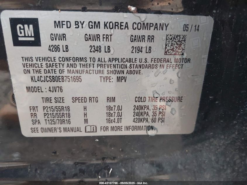 2014 Buick Encore Leather VIN: KL4CJCSB0EB751695 Lot: 43107766