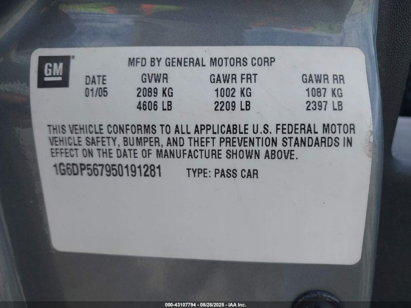2005 Cadillac Cts Standard VIN: 1G6DP567950191281 Lot: 43107794