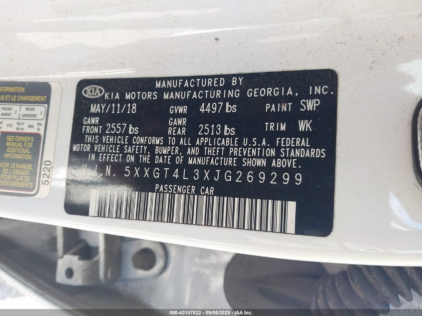 2018 Kia Optima Lx VIN: 5XXGT4L3XJG269299 Lot: 43107822