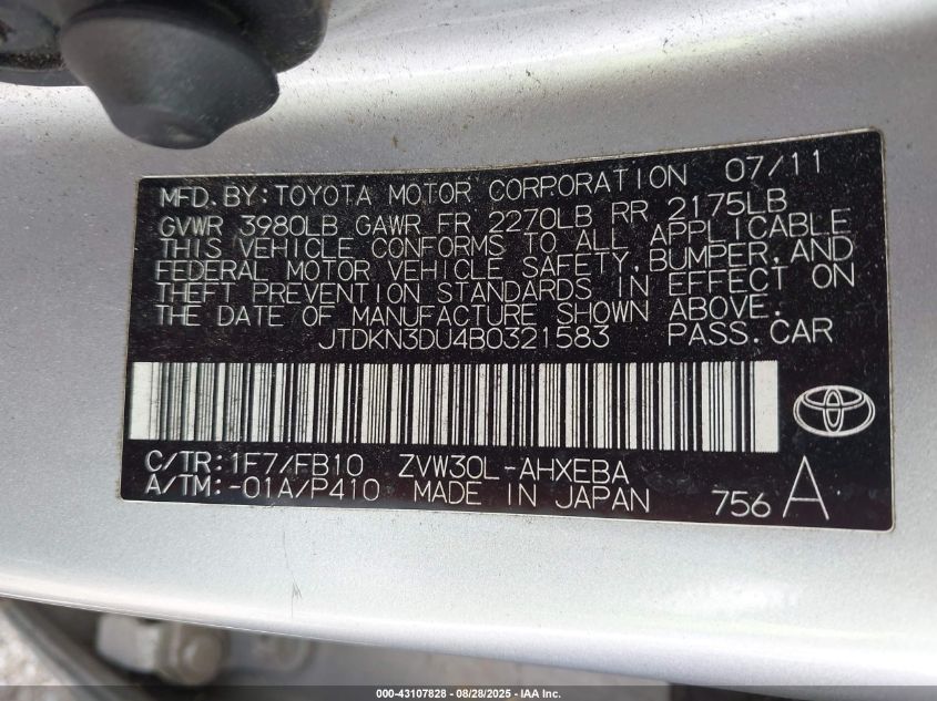 2011 Toyota Prius Three VIN: JTDKN3DU4B0321583 Lot: 43107828