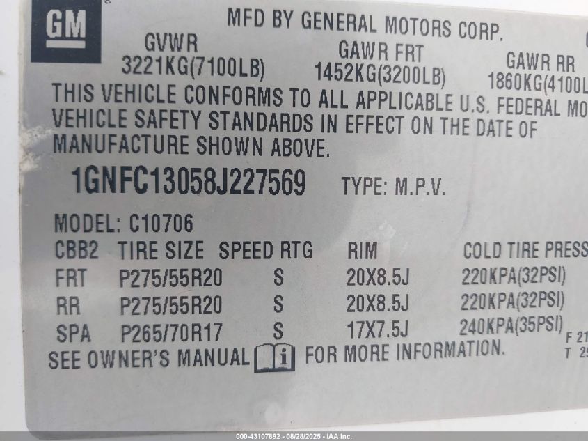 2008 Chevrolet Tahoe Lt VIN: 1GNFC13058J227569 Lot: 43107892