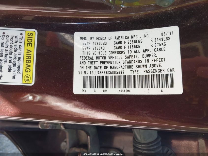 2012 Acura Tl 3.5 VIN: 19UUA8F58CA005897 Lot: 43107934