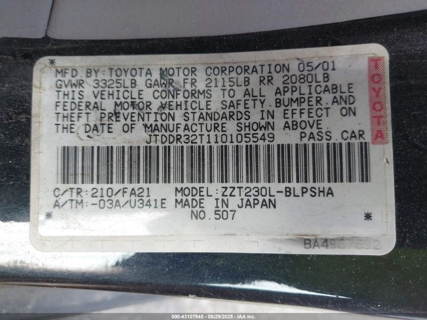 2001 Toyota Celica Gt VIN: JTDDR32T110105549 Lot: 43107945