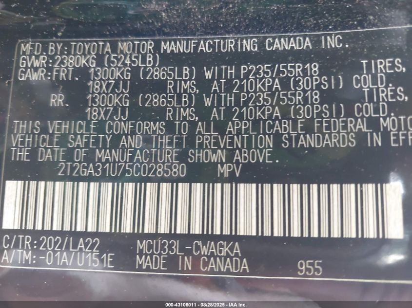 2005 Lexus Rx 330 VIN: 2T2GA31U75C028580 Lot: 43108011