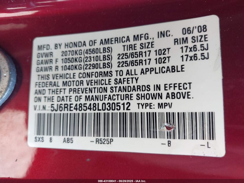 2008 Honda Cr-V Ex VIN: 5J6RE48548L030512 Lot: 43108041