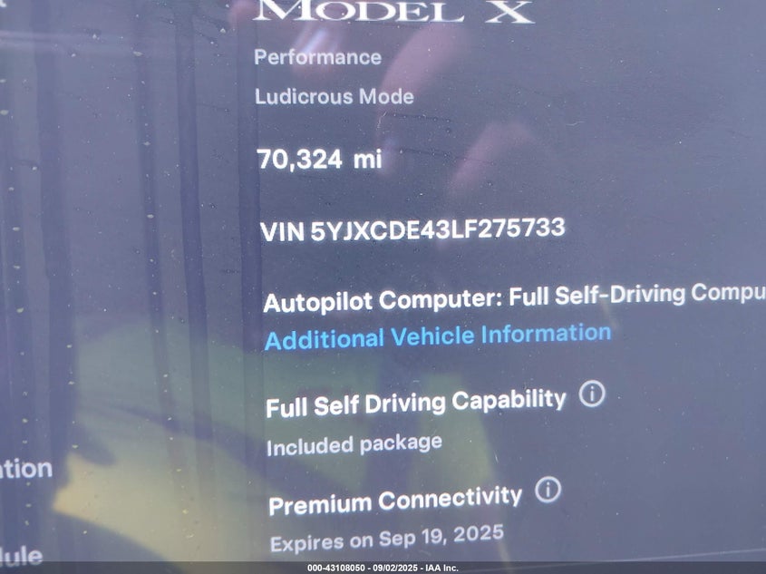 2020 Tesla Model X Performance Dual Motor All-Wheel Drive VIN: 5YJXCDE43LF275733 Lot: 43108050