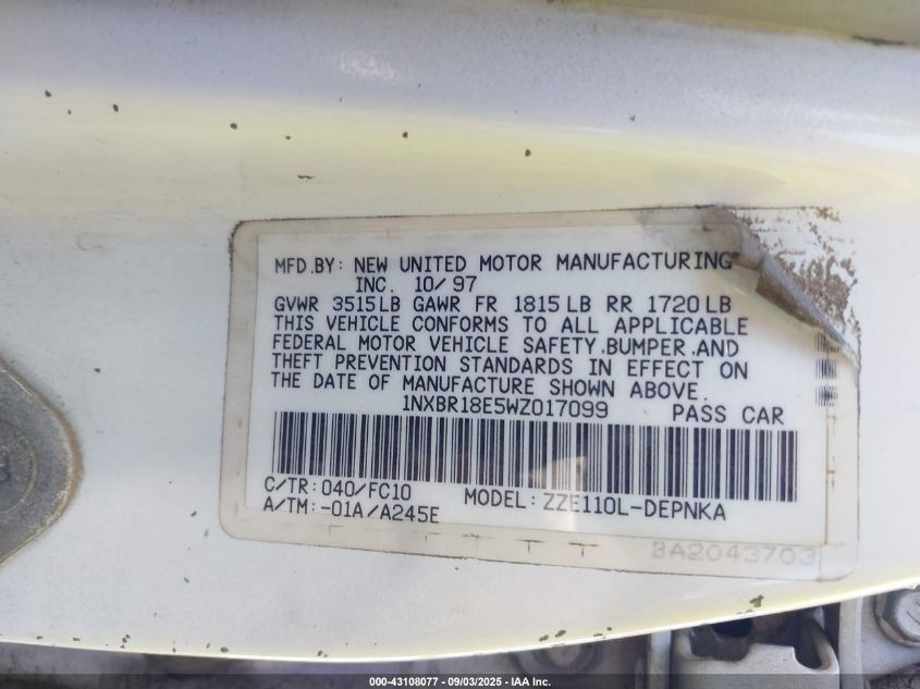 1998 Toyota Corolla Le VIN: 1NXBR18E5WZ017099 Lot: 43108077