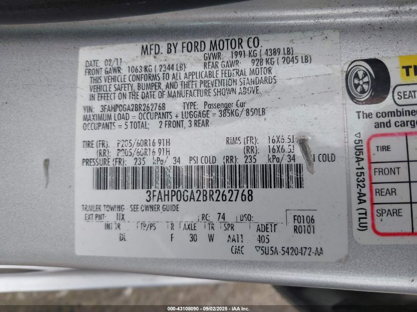 2011 Ford Fusion S VIN: 3FAHP0GA2BR262768 Lot: 43108090