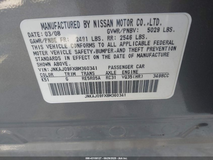 2008 Infiniti Ex35 Journey VIN: JNKAJ09FX8M360341 Lot: 43108127