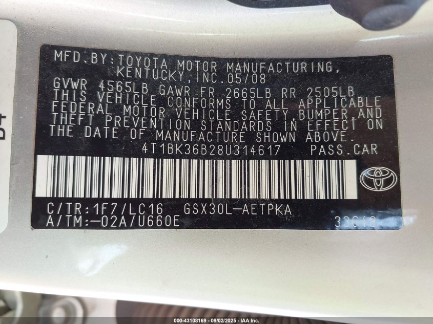 2008 Toyota Avalon Limited VIN: 4T1BK36B28U314617 Lot: 43108169