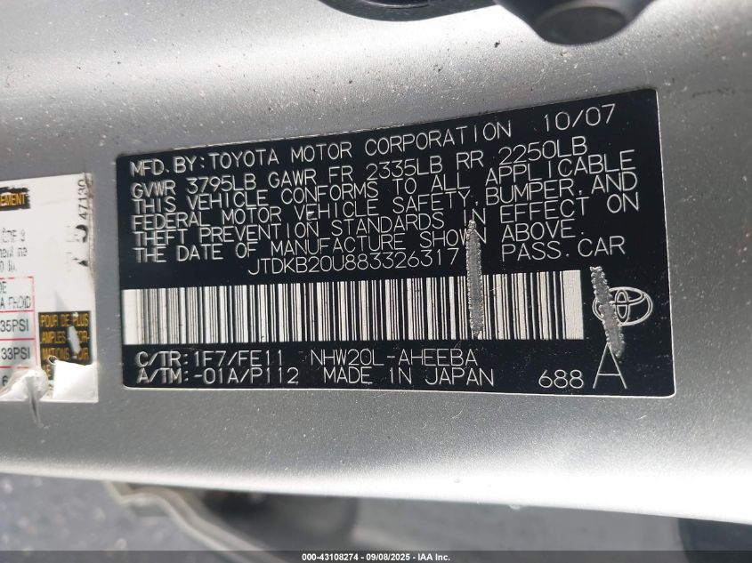 2008 Toyota Prius VIN: JTDKB20U883326317 Lot: 43108274