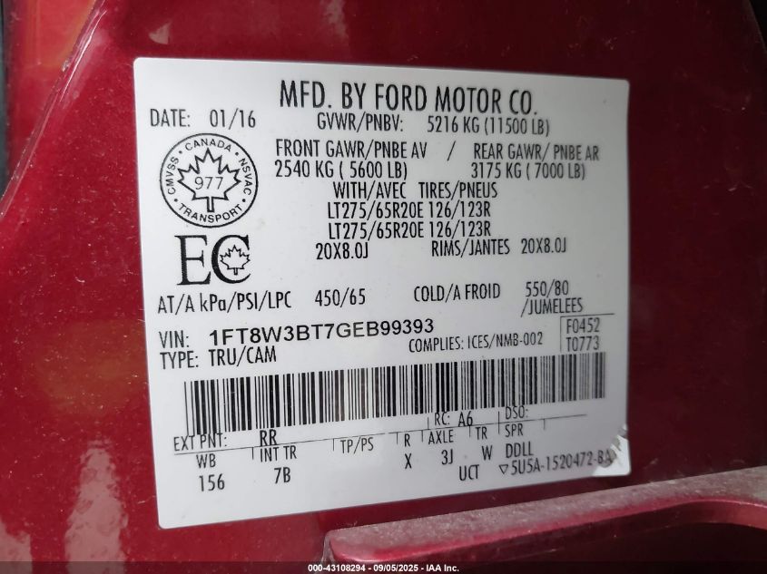 2016 Ford F-350 Lariat VIN: 1FT8W3BT7GEB99393 Lot: 43108294