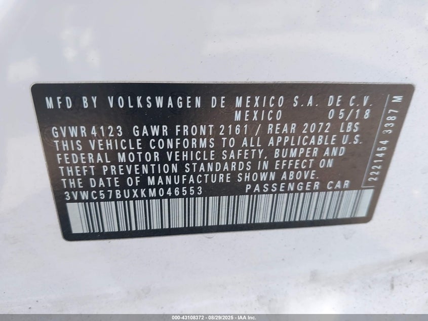 2019 Volkswagen Jetta 1.4 1.4t R-line 1.4t S 1.4t Se White Lot 111043108372 Vin 3VWC57BUXKM046553
