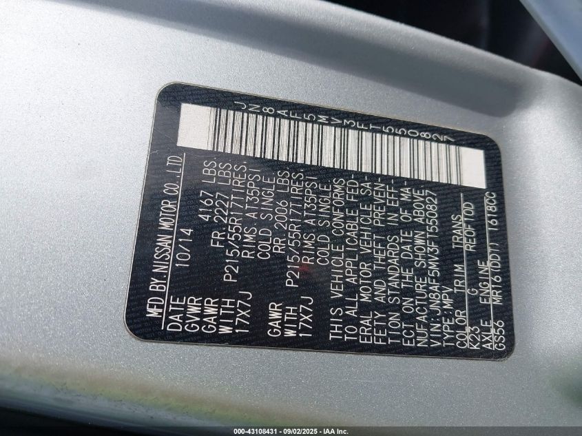 2015 Nissan Juke Sl VIN: JN8AF5MV3FT550827 Lot: 43108431