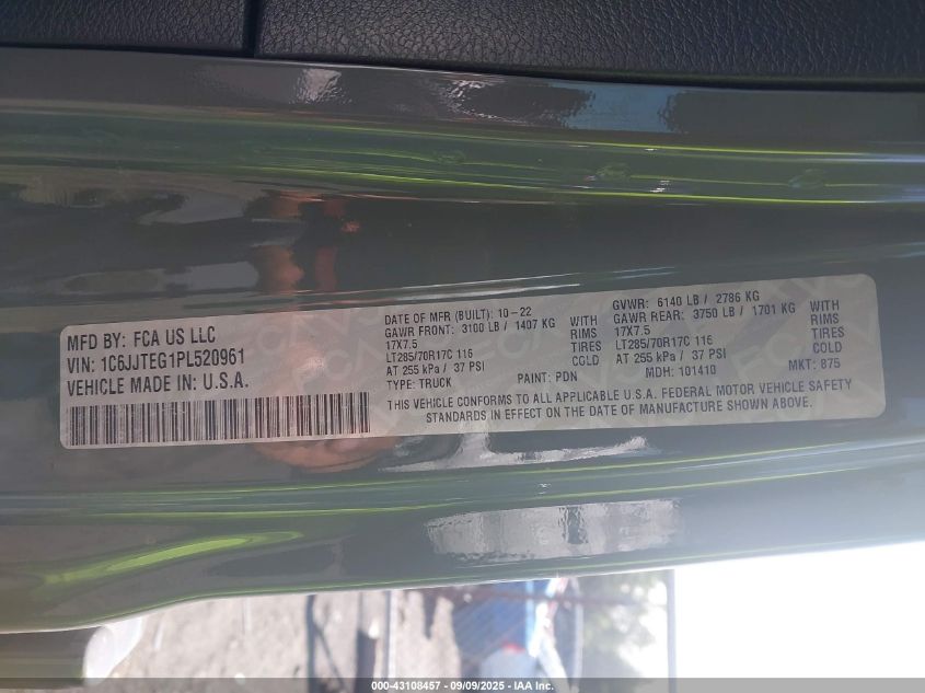 2023 Jeep Gladiator Mojave 4X4 VIN: 1C6JJTEG1PL520961 Lot: 43108457