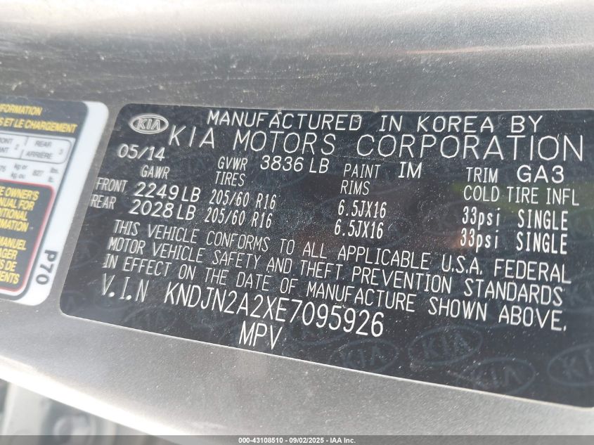 2014 Kia Soul VIN: KNDJN2A2XE7095926 Lot: 43108510