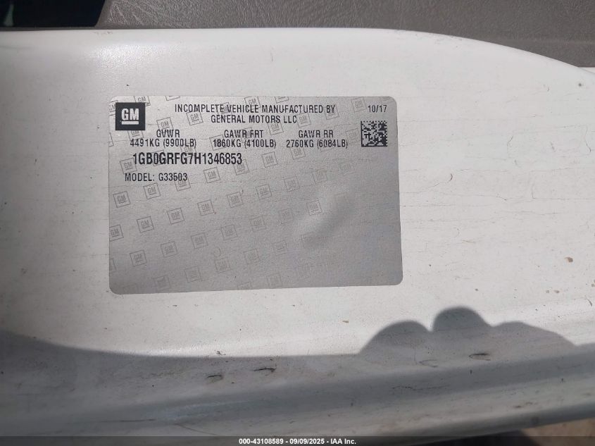2017 Chevrolet Express G3500 Work Van VIN: 1GB0GRFG7H1346853 Lot: 43108589