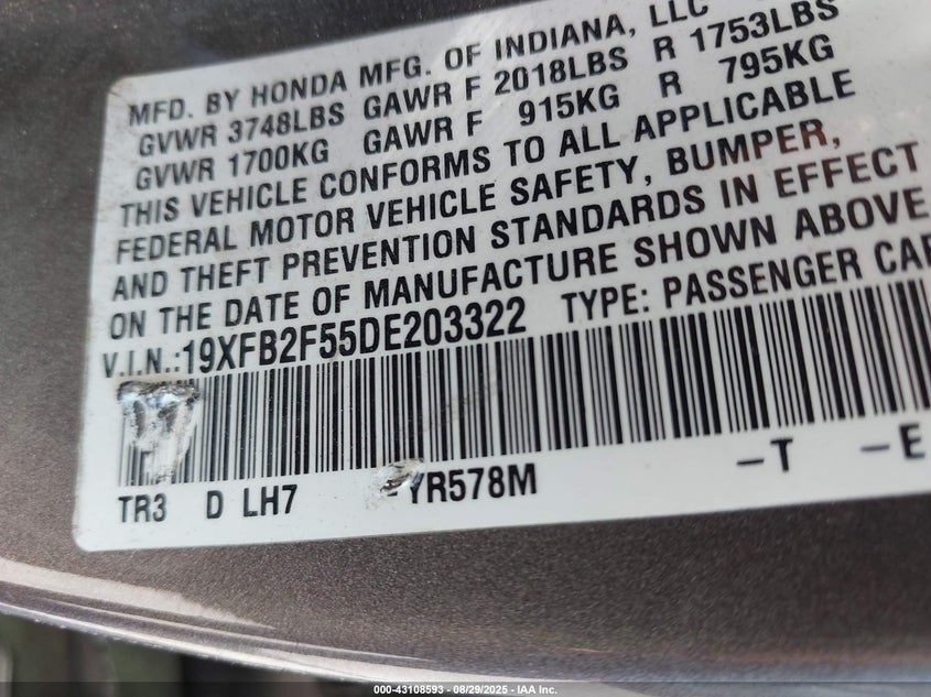 2013 Honda Civic Lx VIN: 19XFB2F55DE203322 Lot: 43108593