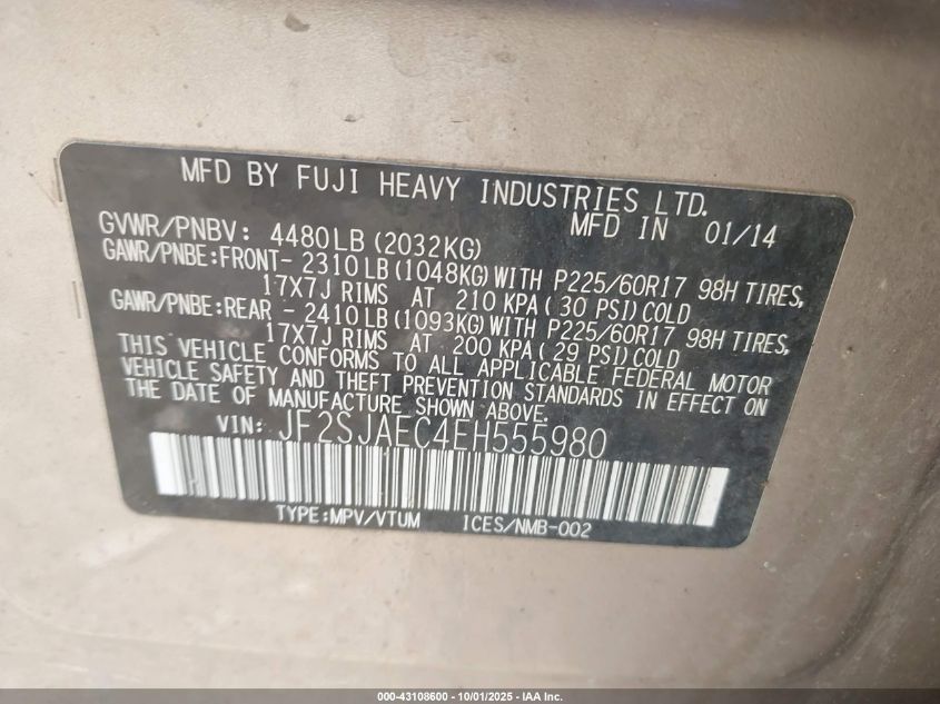 2014 Subaru Forester 2.5I Premium VIN: JF2SJAEC4EH555980 Lot: 43108600