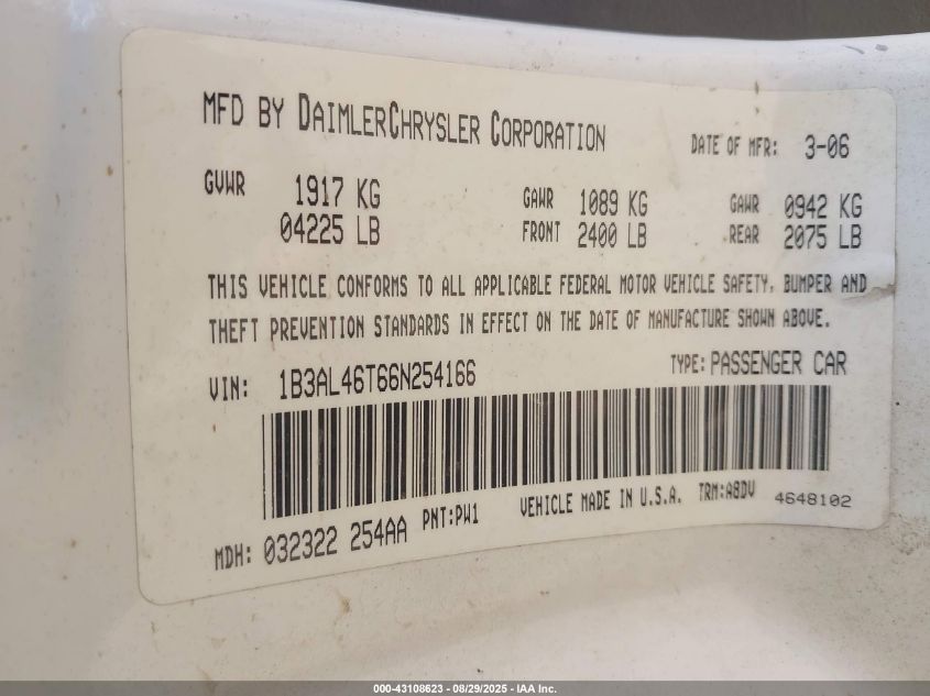 2006 Dodge Stratus Sxt VIN: 1B3AL46T66N254166 Lot: 43108623