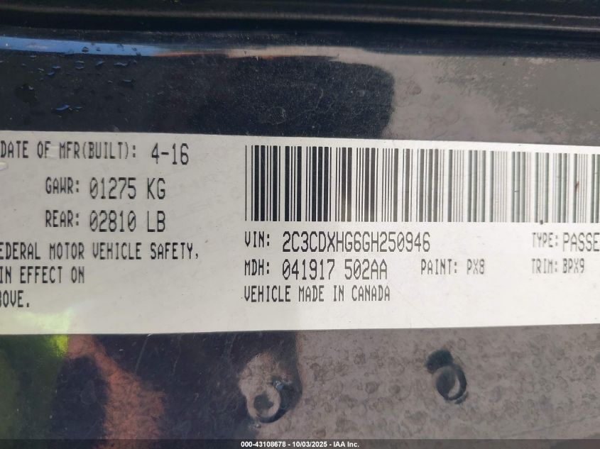 2016 Dodge Charger Sxt VIN: 2C3CDXHG6GH250946 Lot: 43108678