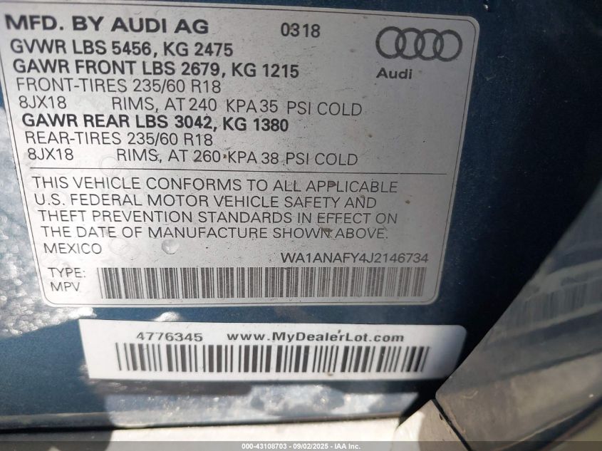 2018 Audi Q5 2.0T Premium/2.0T Tech Premium VIN: WA1ANAFY4J2146734 Lot: 43108703