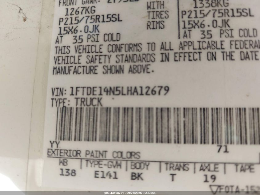 1990 Ford Econoline E150 Van VIN: 1FTDE14N5LHA12679 Lot: 43108721