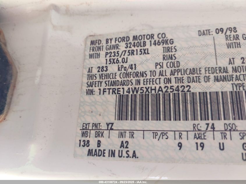 1999 Ford E-150 Commercial/Recreational VIN: 1FTRE14W5XHA25422 Lot: 43108724