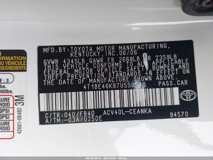 2007 Toyota Camry Ce VIN: 4T1BE46K87U550510 Lot: 43108741