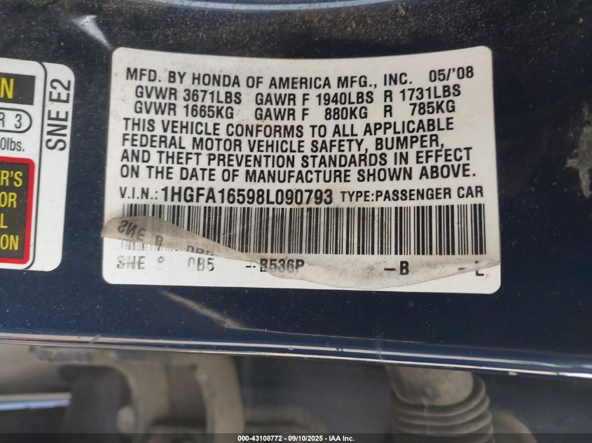 2008 Honda Civic Lx VIN: 1HGFA16598L090793 Lot: 43108772