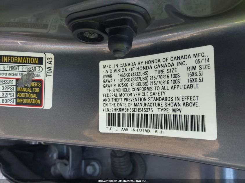 2014 Honda Cr-V Lx VIN: 2HKRM3H36EH545075 Lot: 43108802