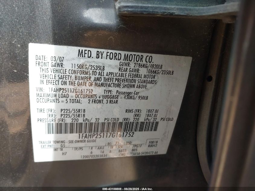 2007 Ford Five Hundred Limited VIN: 1FAHP25117G161752 Lot: 43108808