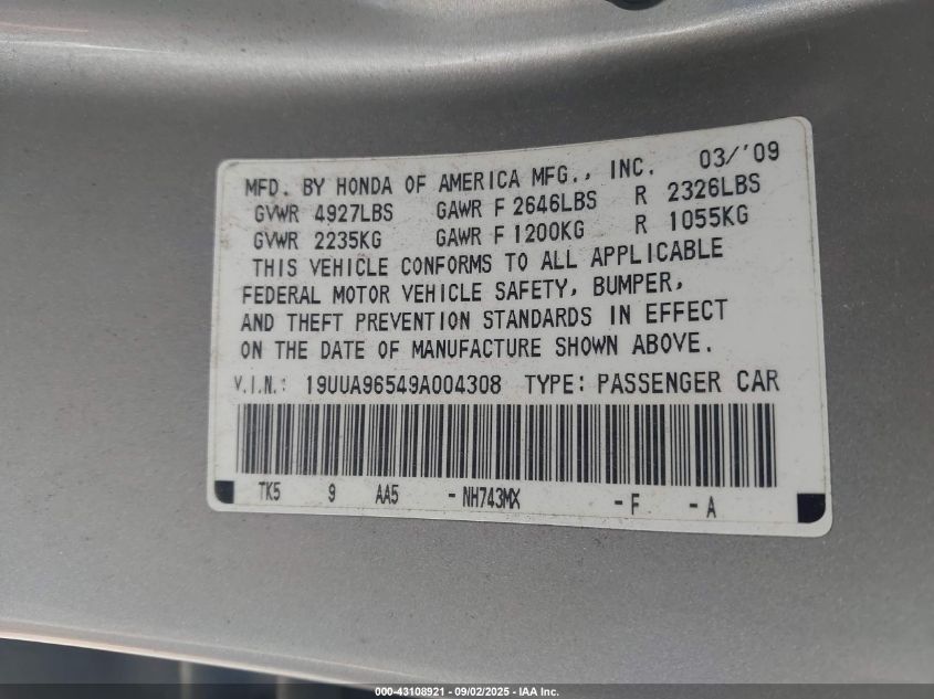 2009 Acura Tl 3.7 VIN: 19UUA96549A004308 Lot: 43108921