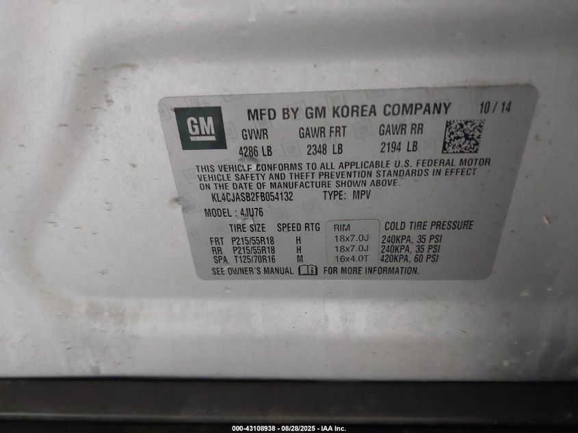 2015 Buick Encore VIN: KL4CJASB2FB054132 Lot: 43108938