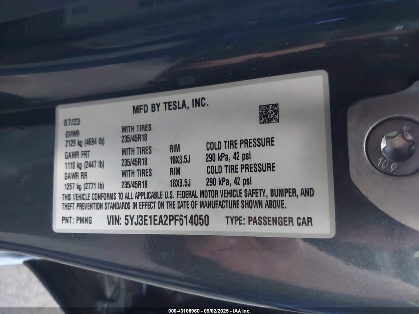 2023 Tesla Model 3 Rear-Wheel Drive VIN: 5YJ3E1EA2PF614050 Lot: 43108960