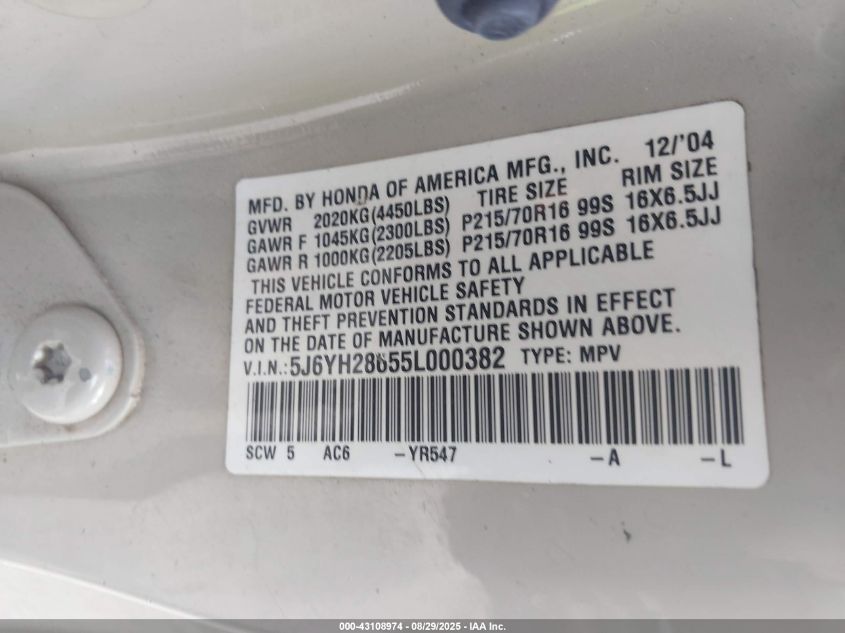 2005 Honda Element Ex VIN: 5J6YH28655L000382 Lot: 43108974