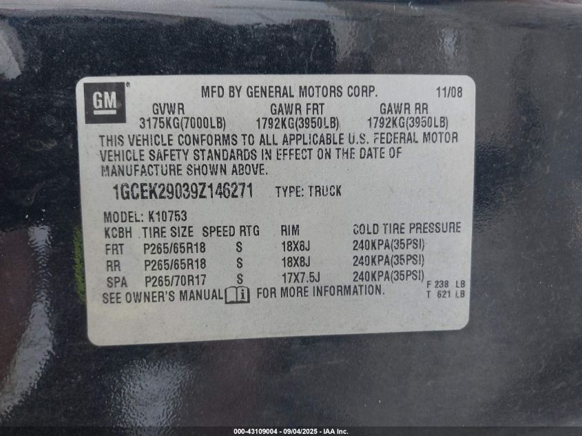 2009 Chevrolet Silverado 1500 Lt VIN: 1GCEK29039Z146271 Lot: 43109004