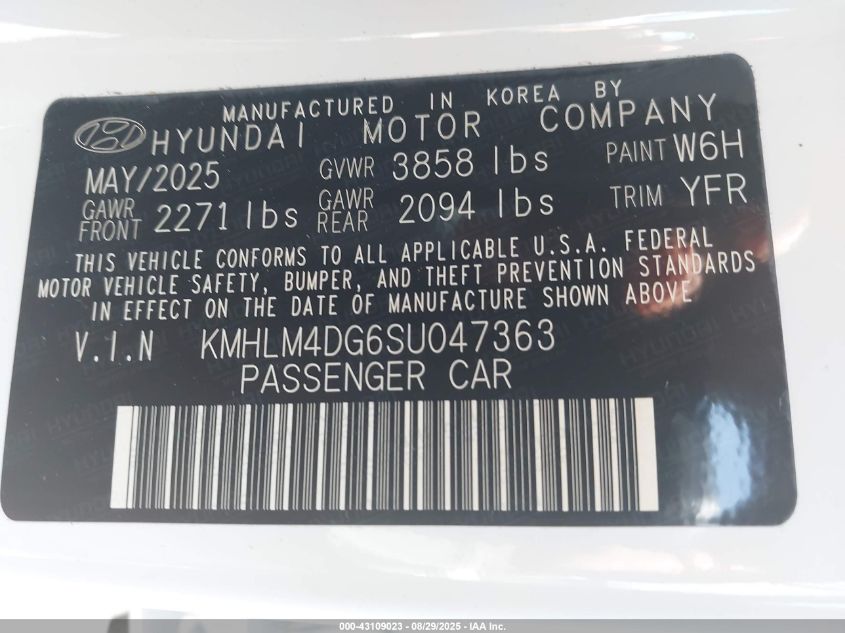 2025 Hyundai Elantra Sel Sport VIN: KMHLM4DG6SU047363 Lot: 43109023