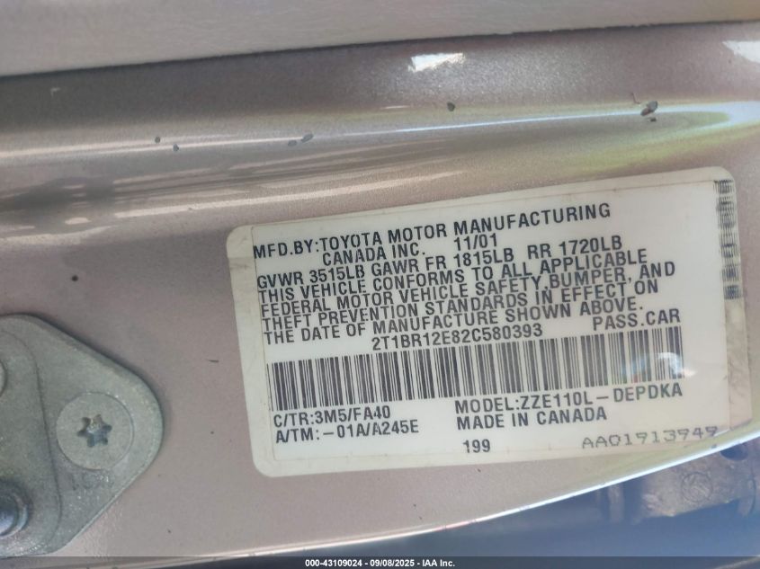 2002 Toyota Corolla Le VIN: 2T1BR12E82C580393 Lot: 43109024