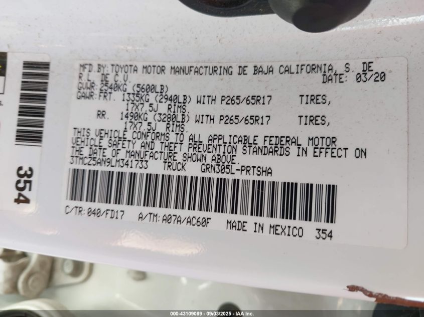 2020 Toyota Tacoma Trd Sport VIN: 3TMCZ5AN9LM341733 Lot: 43109089