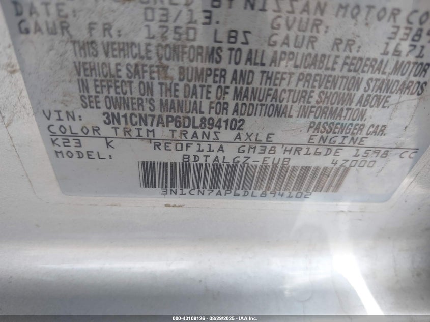 2013 Nissan Versa 1.6 Sl VIN: 3N1CN7AP6DL894102 Lot: 43109126