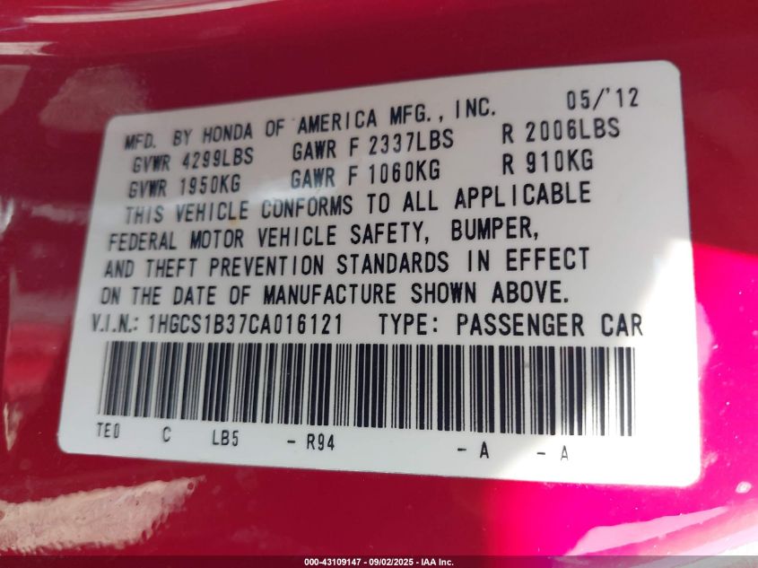 2012 Honda Accord 2.4 Lx-S VIN: 1HGCS1B37CA016121 Lot: 43109147