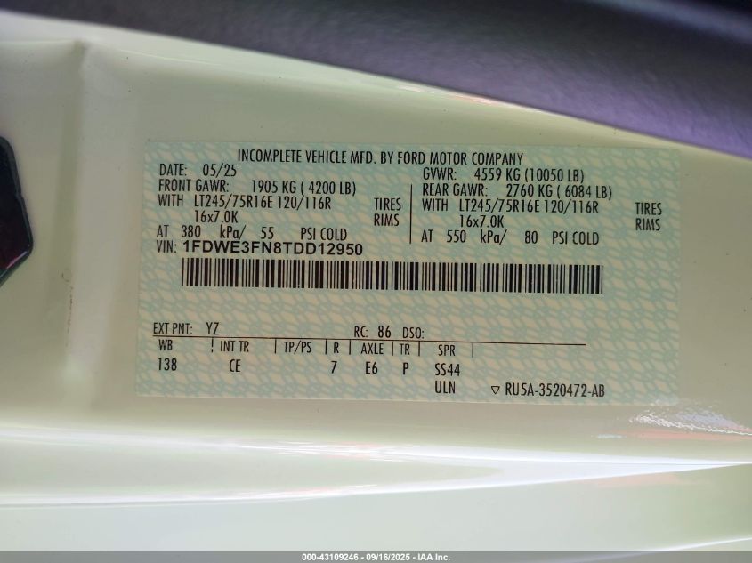 2026 Ford E-350 Cutaway VIN: 1FDWE3FN8TDD12950 Lot: 43109246